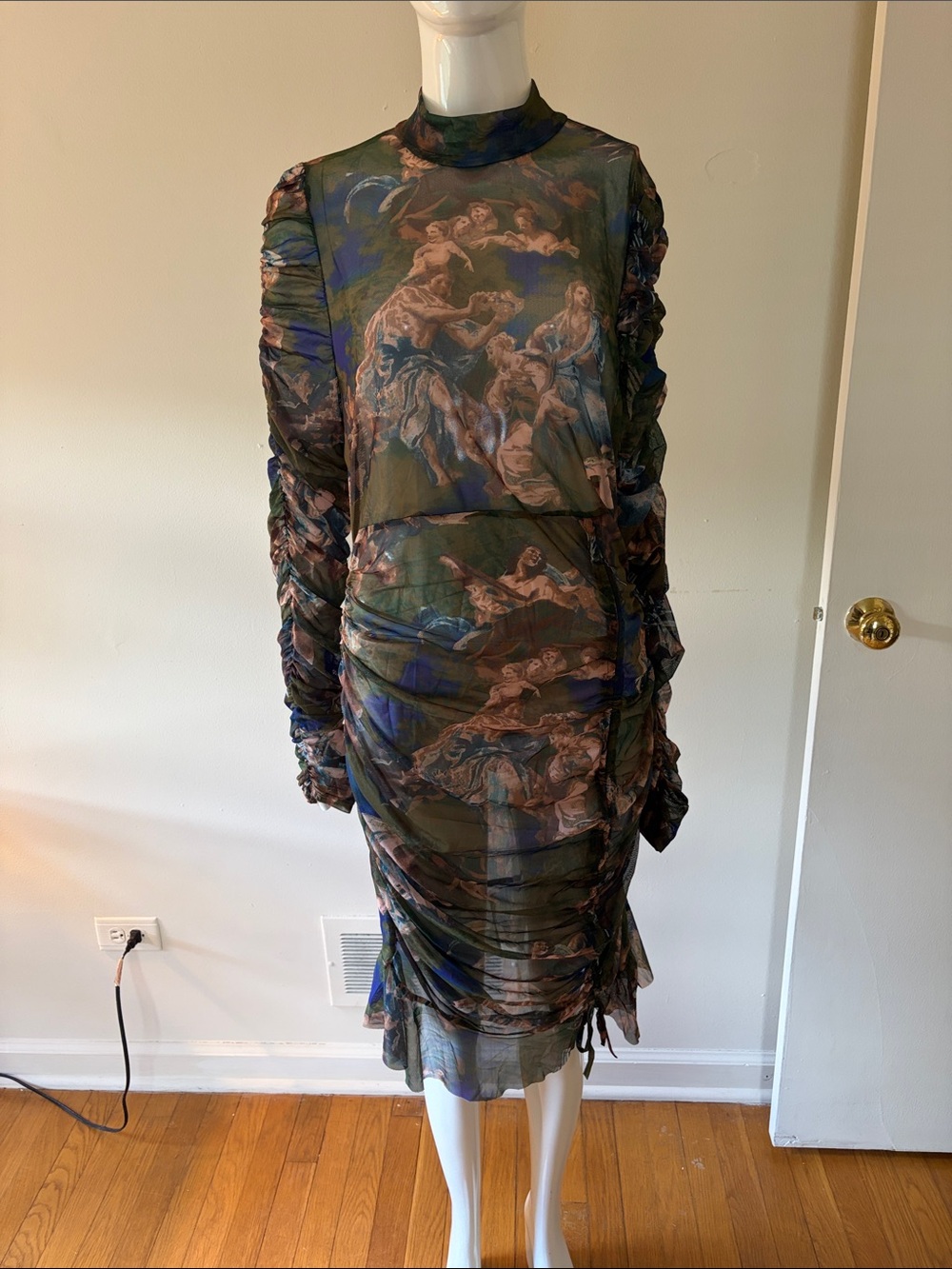 Fashion Nova Olive & Navy Baroque Ruched Mesh Long Sleeve Dress Angelic-Print